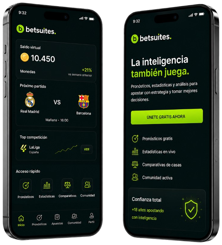Dos smartphones con la app Betsuites mostrando pronósticos y estadísticas