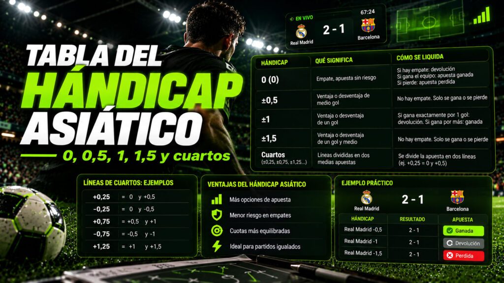 Tabla del hándicap asiático: 0, 0,5, 1, 1,5 y cuartos