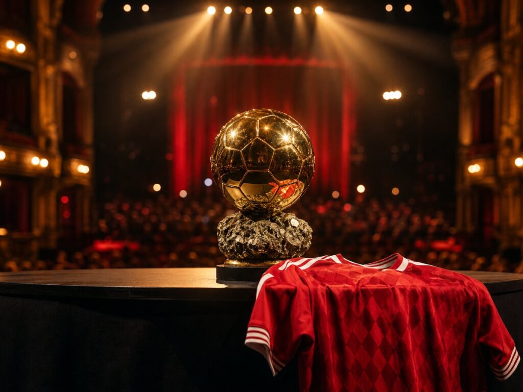 Kane rompe una sequía de 45 años del Bayern en el Balón de Oro Trofeo del Balón de Oro en un escenario de teatro junto a una camiseta roja