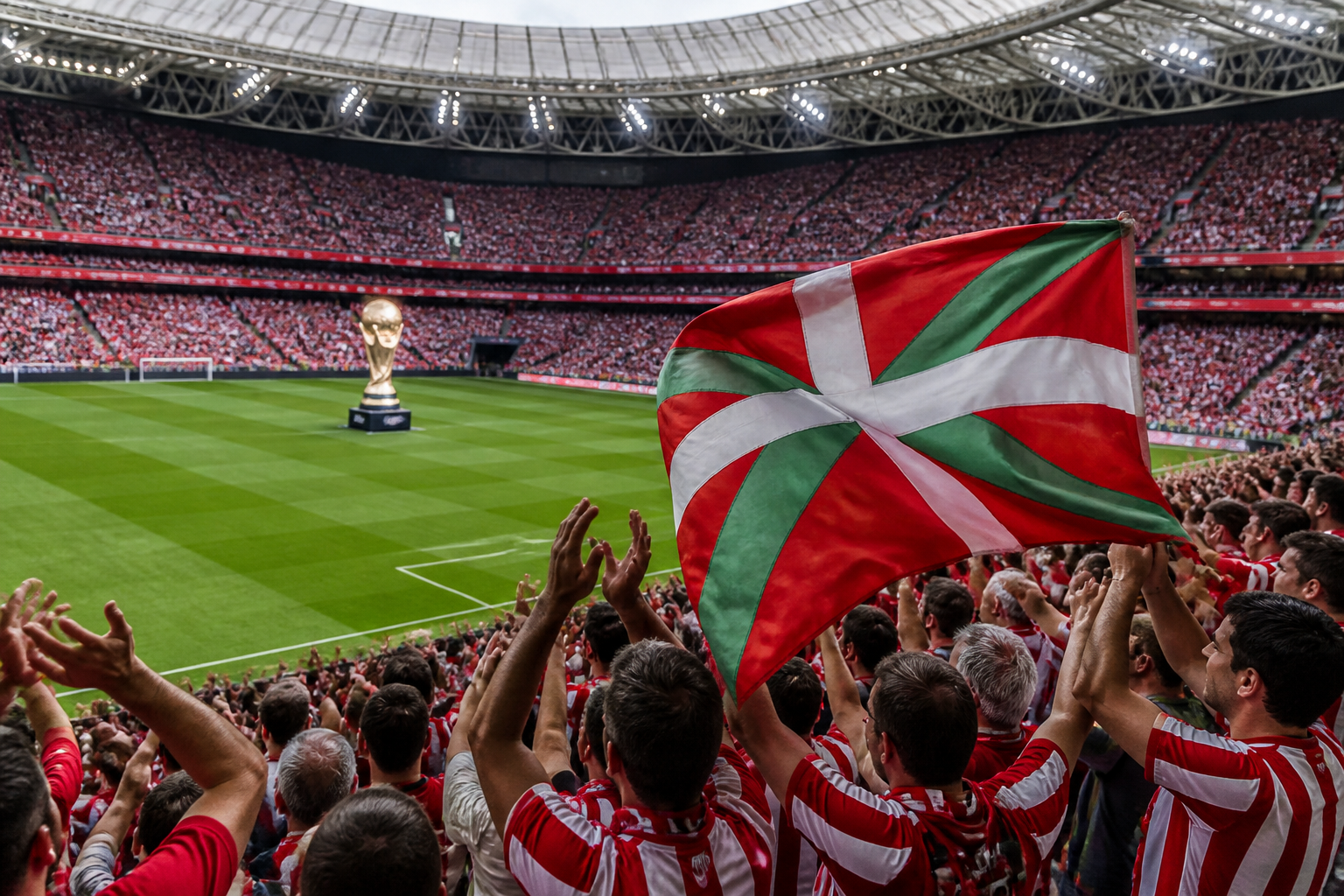 Pitos, aplausos e ikurriñas en San Mamés ante la Copa del Mundo Pitos, aplausos e ikurriñas en San Mamés ante la Copa del Mundo